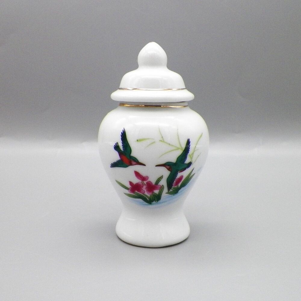 Vintage Small White Ceramic Ginger Jar w/ Lid Hummingbirds & Floral Design 4”